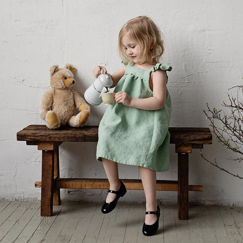 Children Girls\' Linen Dress 2026 Summer New Literary Petal Sleeves Loose Baby Girl Strap Princess Dresses TZ04