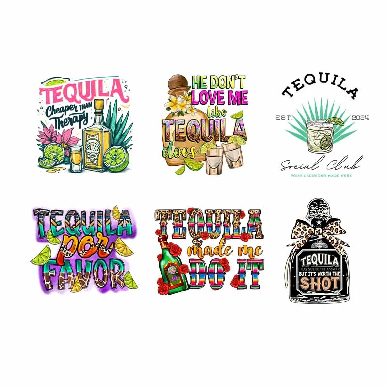 Tequila DTF Transfer Patch For Clothing Drink Colorful Letter Wine Iron On Heat Transfer Print Sticker On T Shirts DIY