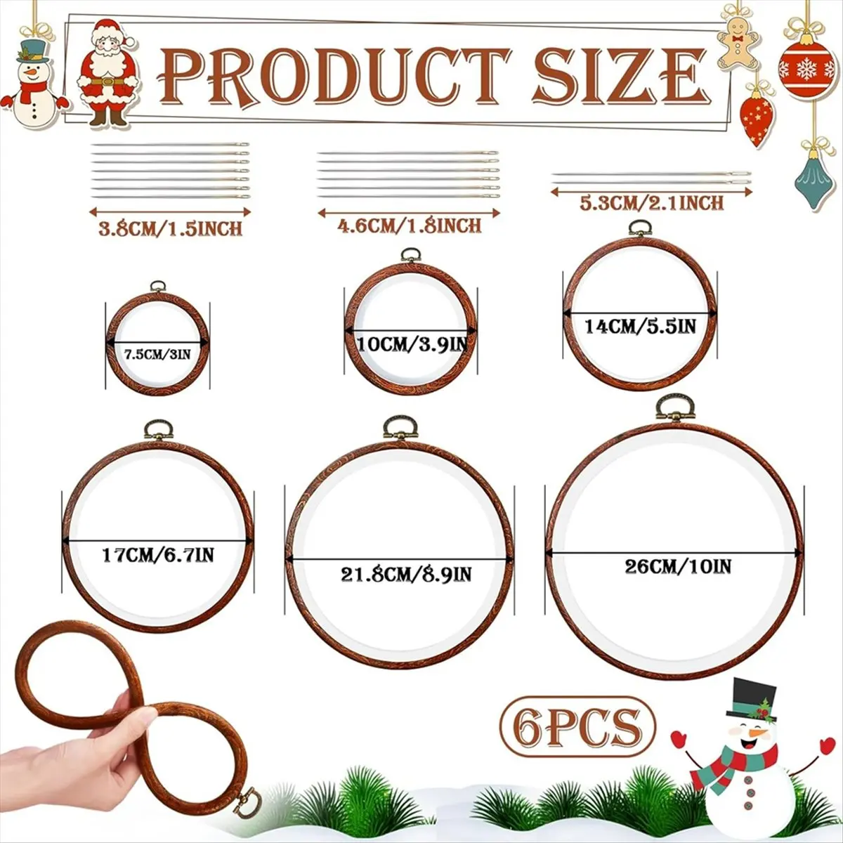 6 Size Imitated Wood Round Embroidery Hoops Frame with 16 Needles-Circle Rubber Hoops Ring for Craft Sewing DIY Hanging