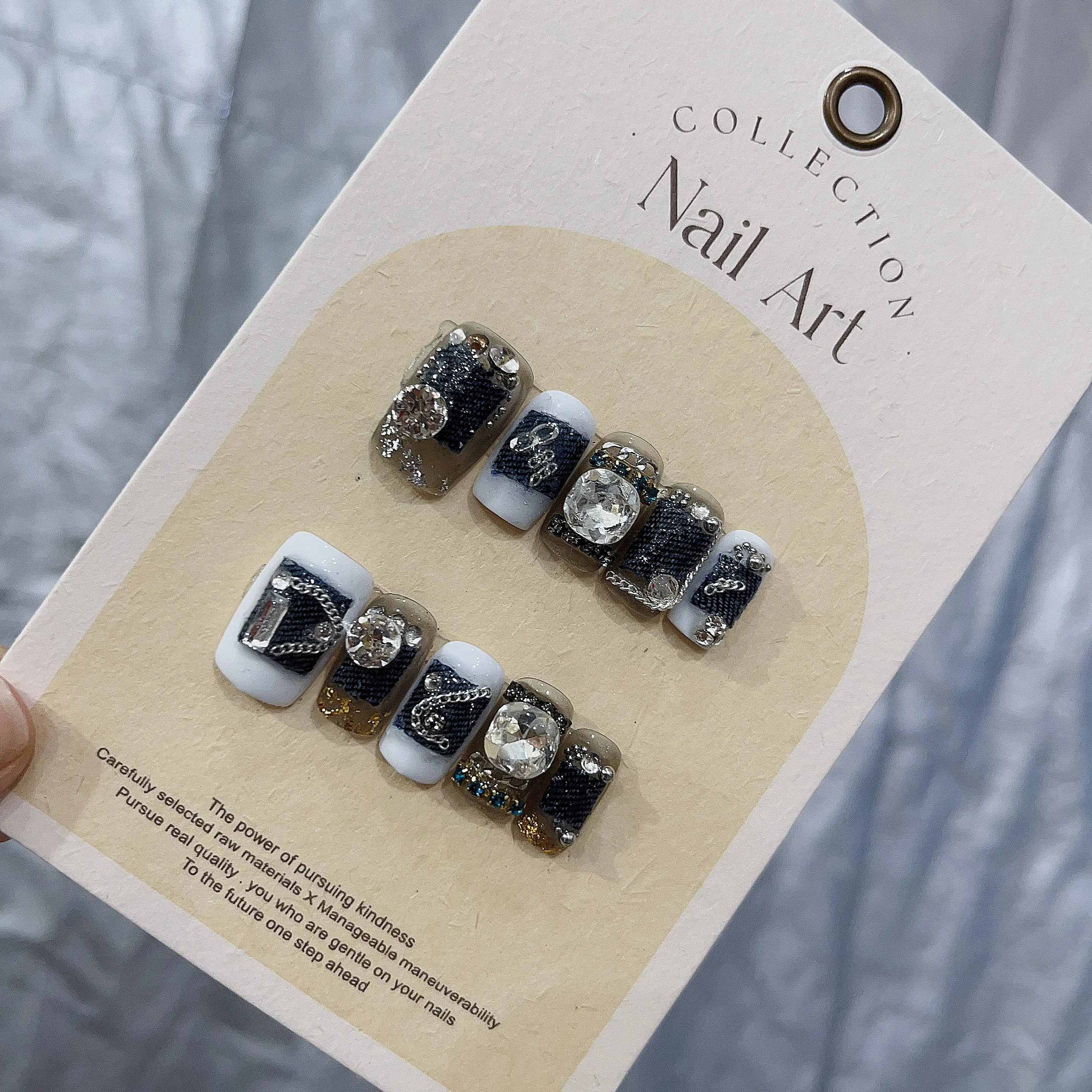 Medium Square Black Press On Nails Set with Personalized Denim Style,Reusable In Emmabeauty Store.No.2461