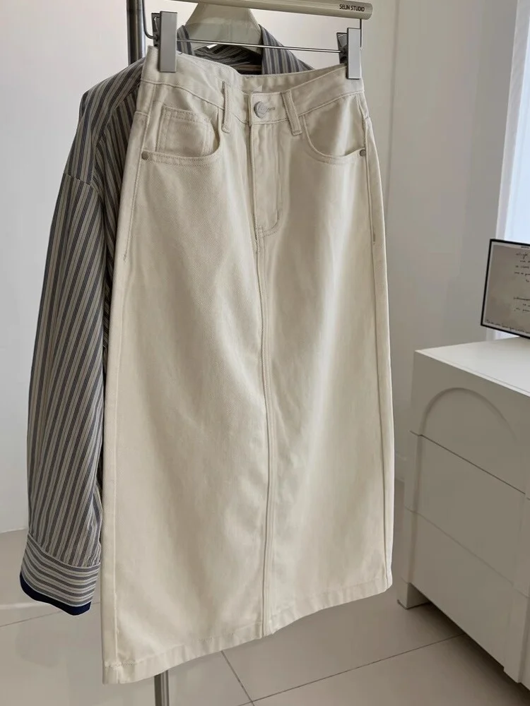 

Ele Versatile High Waist A-Line Midi Skirt Women's Denim f-length Summer New Sle Slimming Ba Split Commute Simple