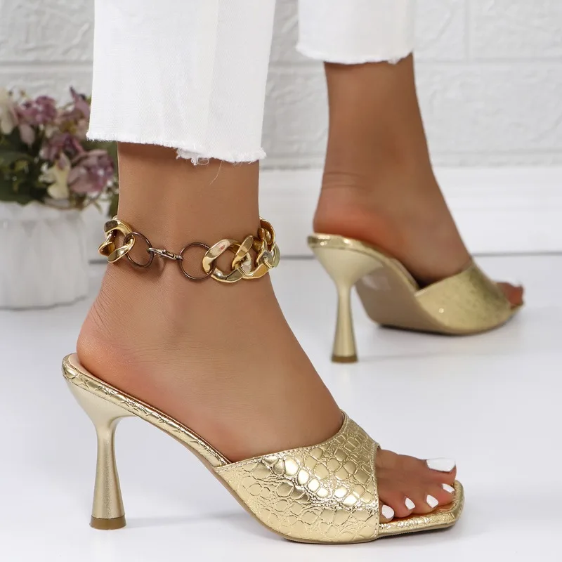 2024 NEW Size 36-43 Women Heeled Mules Sandals Real Leather High Heels Summer Shoes for Women Slippers Vintage Open Toe Slides