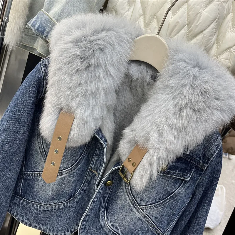 Winter Women's Short denim jacket 2023 New Warm Real Natural fur coat female fox fur collar Outerwear parkas Y4509