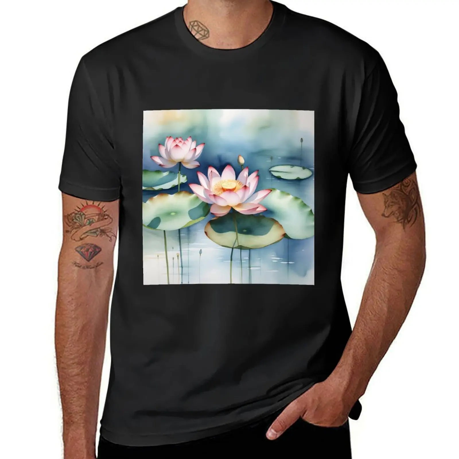 Watercolor lotus floating on water T-Shirt summer top new edition anime vintage clothes Men's t shirts