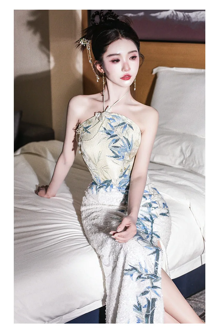 

Bridal Wedding Toast Clothes Sexy Temperament Long Hanging Neck Dress New Chinese Style Morning Gown Print Vintage Cheongsam