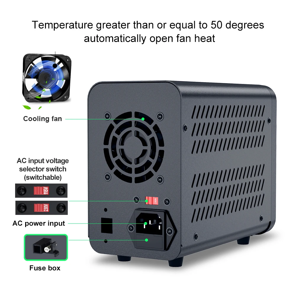 Adjustable DC power supply with 4-digit LED display, 5V/3.6A USB fast charging with encoder adjustment, output enable/disable