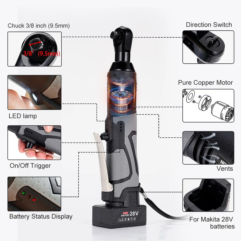 Hormy 28V Electric Ratchet Impact Wrench 3/8\'\' Right Angle 75N.m Screwdriver Nut Car Repair Power Tool With Lithium-Ion Battery