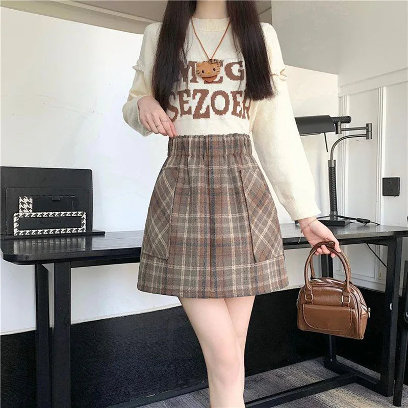 Elastische Hohe Taille Retro Plaid Rock Frauen 2025, Herbst Winter Neue Taschen A-linie Röcke Weiblichen Koreanischen Mode Woolen Kurze Röcke