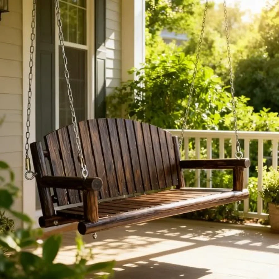 5FT Rustic Log Wooden Porch Swing for Patio Garden Yard Solid Fir Wood, Rustic Brown, Heavy-Duty 900 LBS Weather-Resistant Fini
