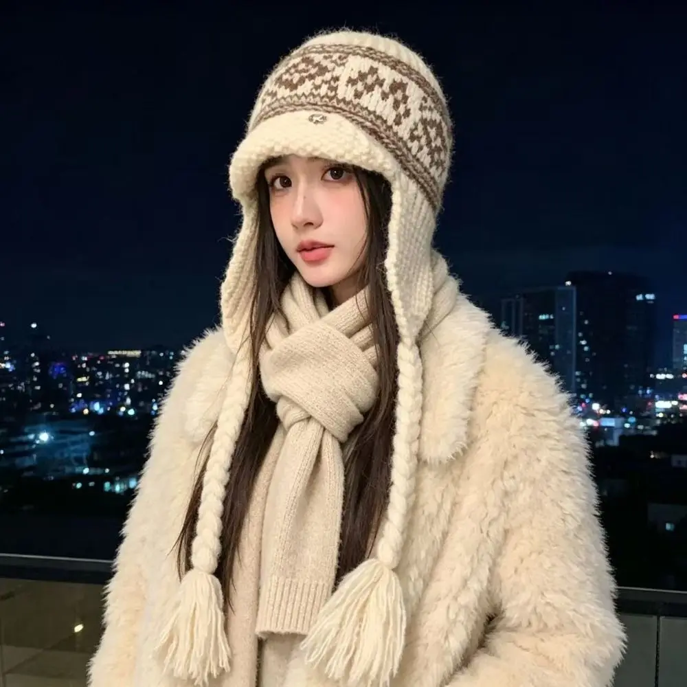 Koreanischer Stil, Fair-Isle-Mütze mit Ohrenklappen, Quasten, Ohrenschutz, Jacquard-Strickmütze, warme, kältebeständige Mütze, Bekleidungszubehör. – Detail 8