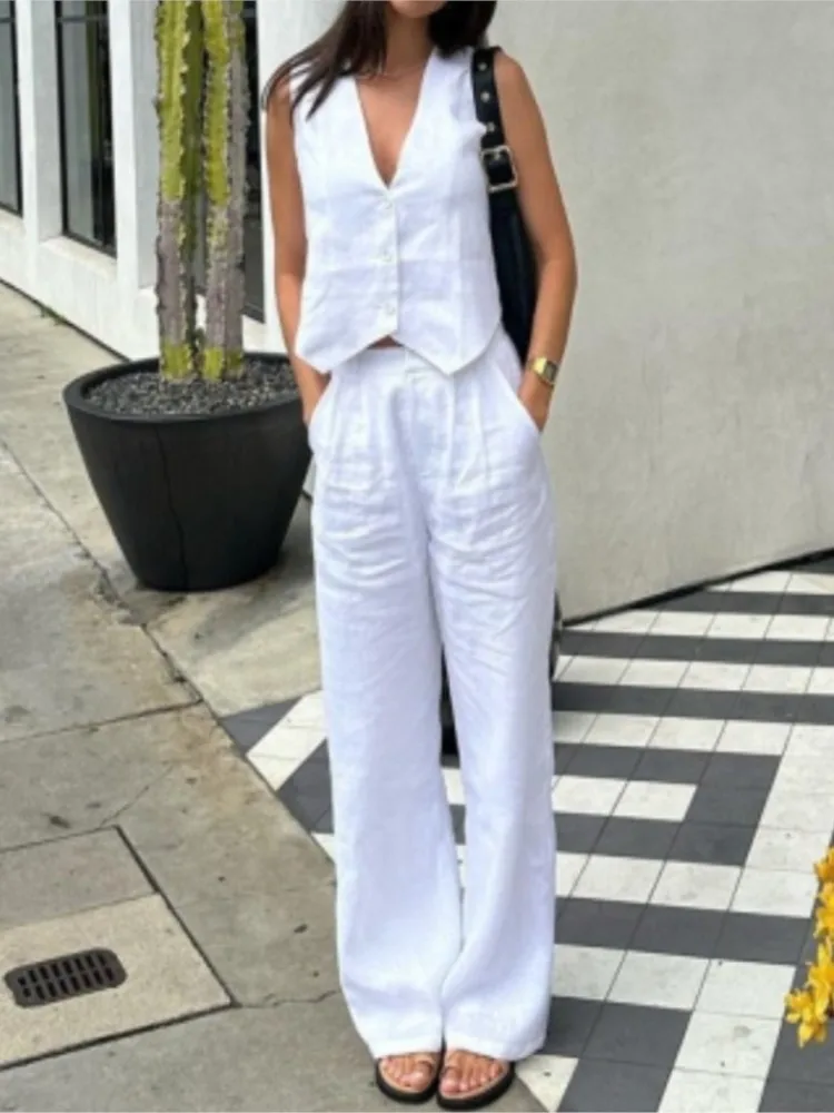 Casual Solid 2-Piece Pant Sets 2024 Summer Elegant Woman Vest Suits  Sleeveless V-Neck Tank Tops Fashion Two Piece Sets