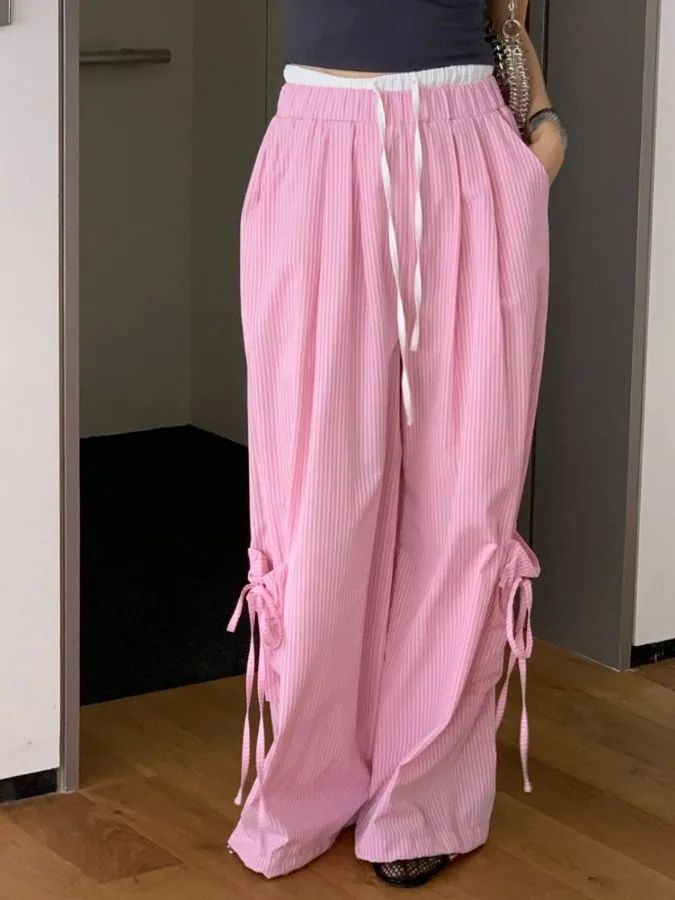 아메리칸 스타일 레트로 스트라이프 캐주얼 바지 여성 여름 새로운 탄성 허리 벨트 넓은 다리 긴 바지 여러 포켓