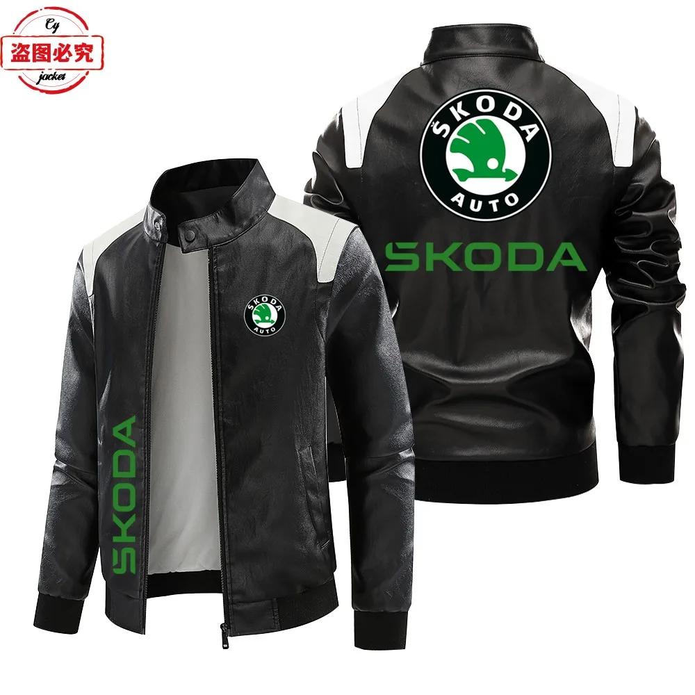 WRC Rally Skoda racing logo men's jacket pu leather jacket Skoda logo contrasting color leather jacket