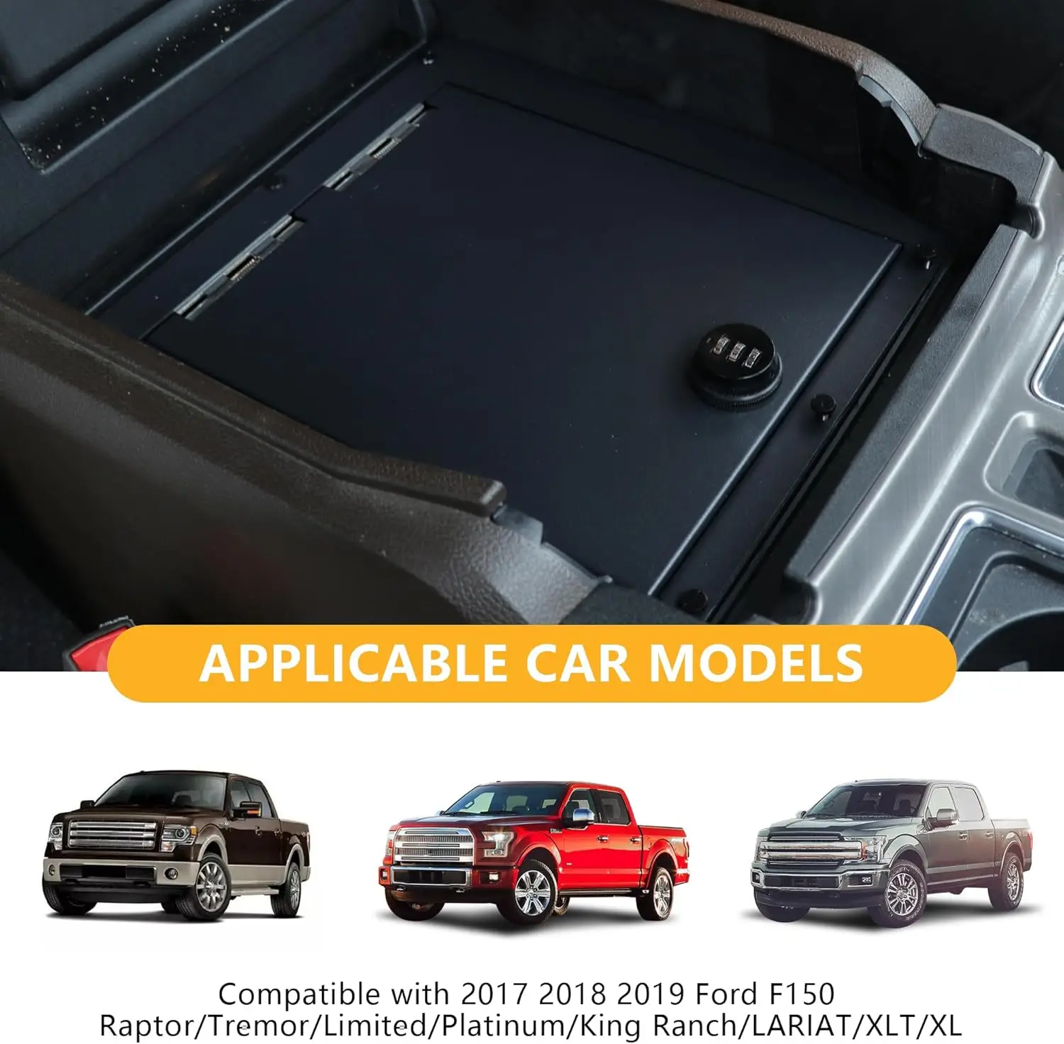 Center Console Organizer Tray Gun Safe Lock Box Compatible with 2017 2018 2019 Ford F150 Armrest Vault Insert Storage with 3 Dig