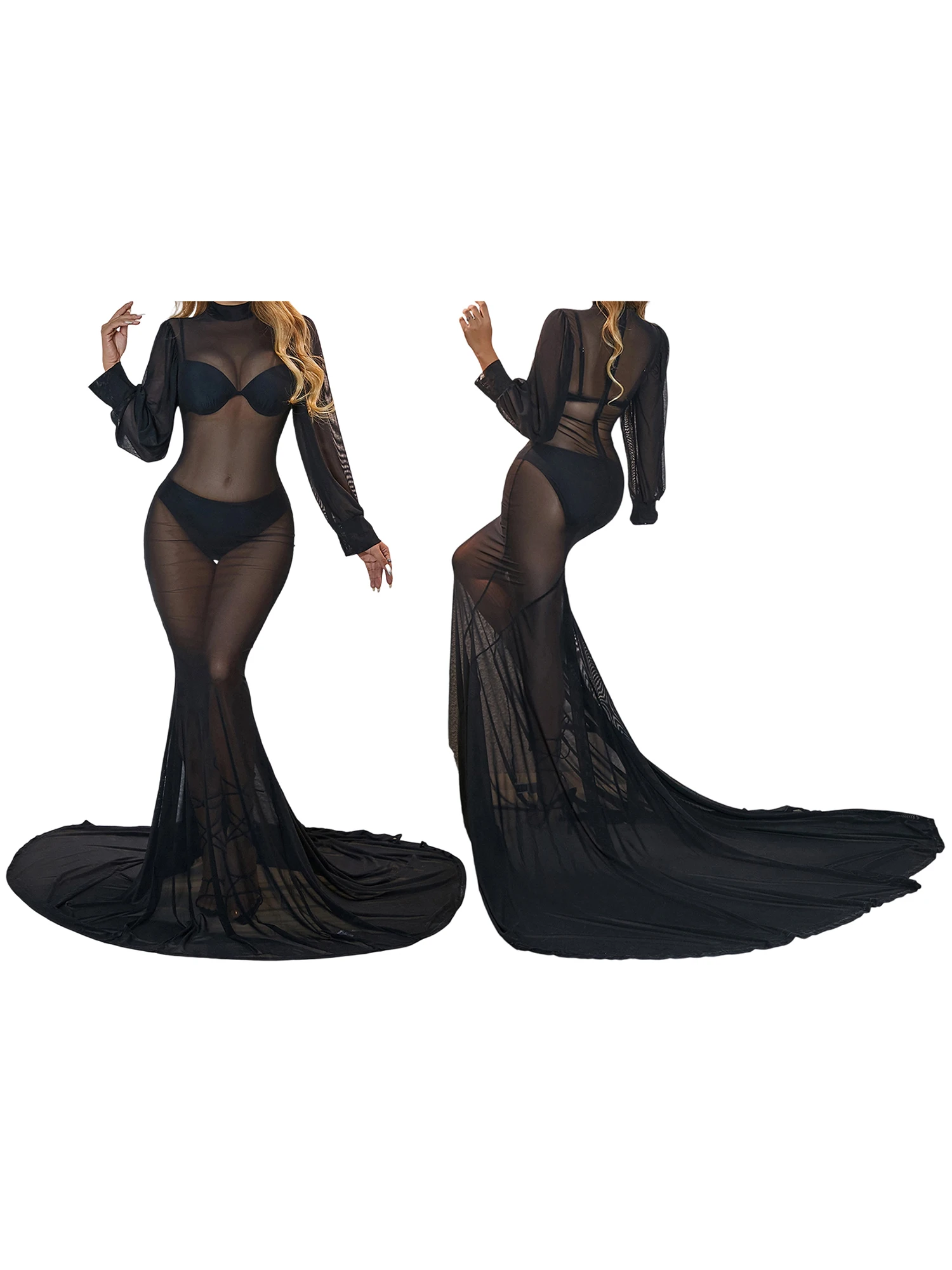 Elegante abito da sera in pizzo con scollo a V, maniche lunghe e spacco Abito formale da donna lungo fino al pavimento per cocktail party