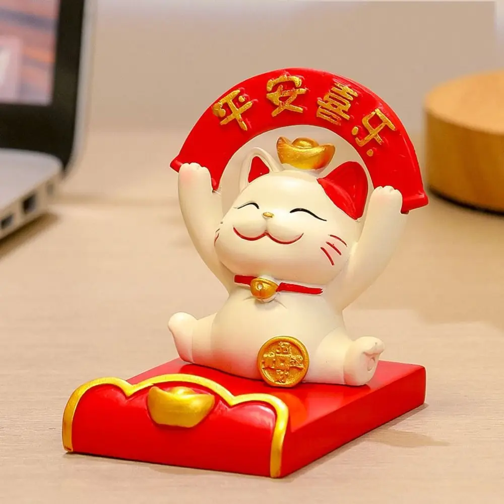 

Figurine Miniature Items Lucky Cat Phone Holder Chinese Style Exquisite Animal Mobile Phone Stand Resin Crafts Realistic