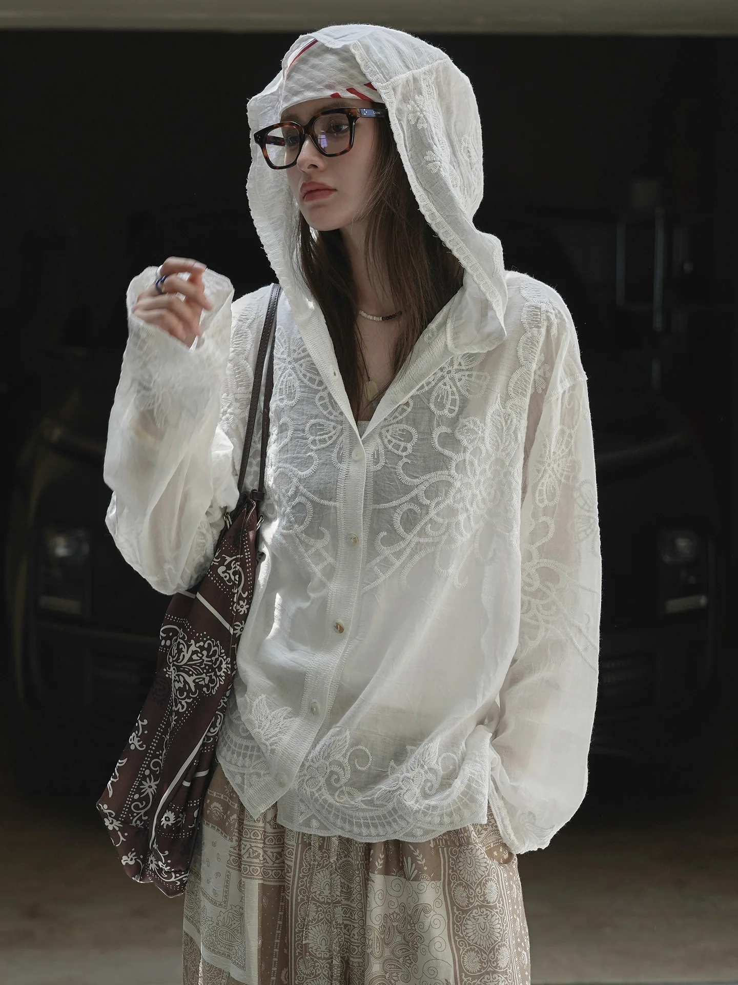 

Summer women's casual solid color lace jacquard loose hooded shirt