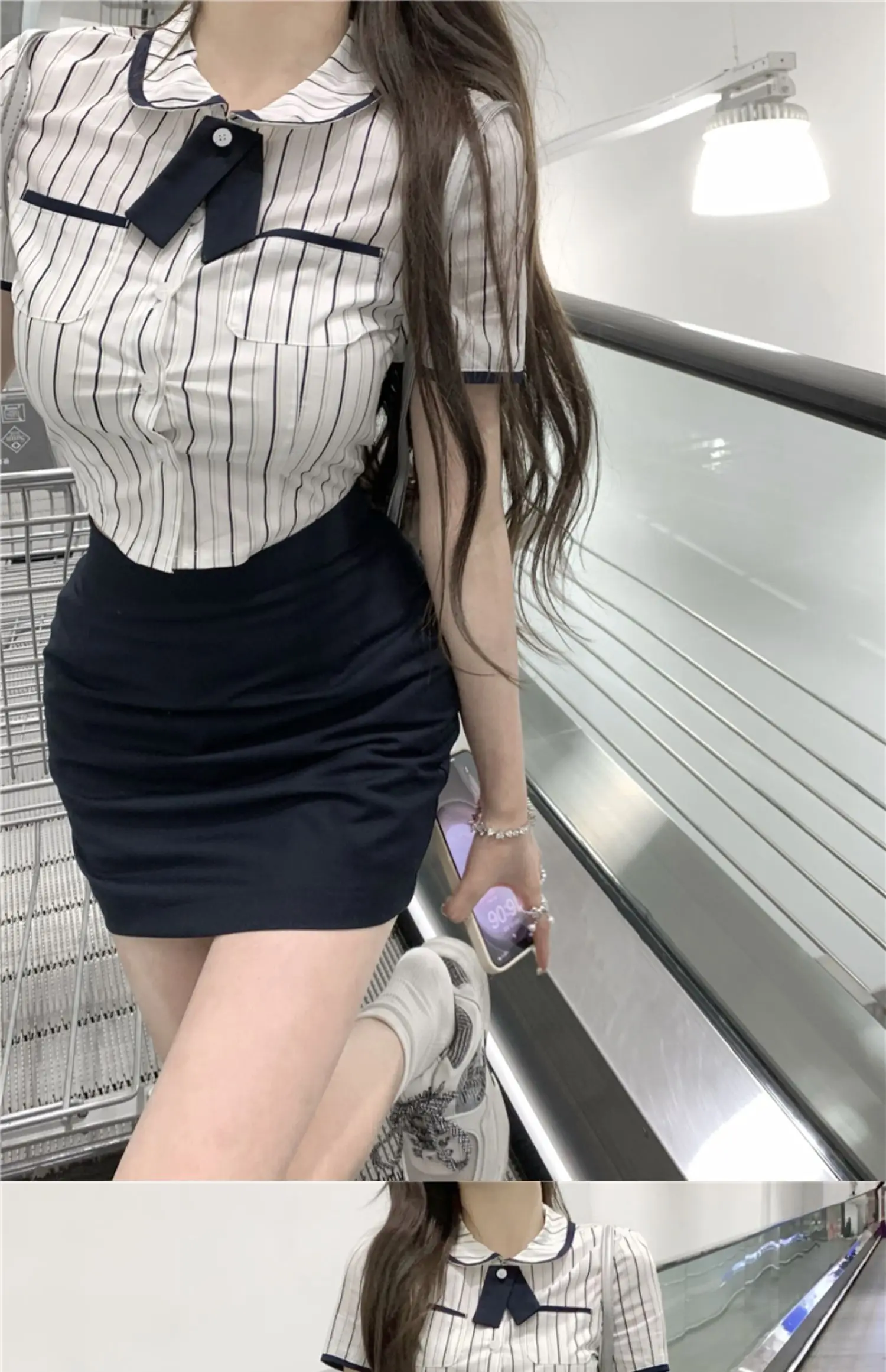 Korean Style JK Uniform Set Two-piece Girls Short Sleeve Striped Shirts Summer Collect Waist Slim Blouse Hip Wrap Skirt Students