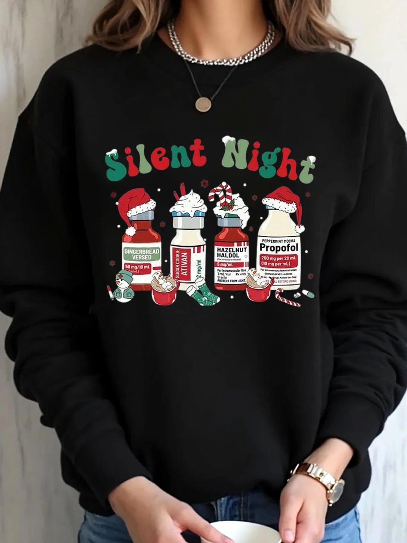 

Women Oversized Sweatshirt Christmas Silent Night Medicine Bottles Print Outdoor Wear