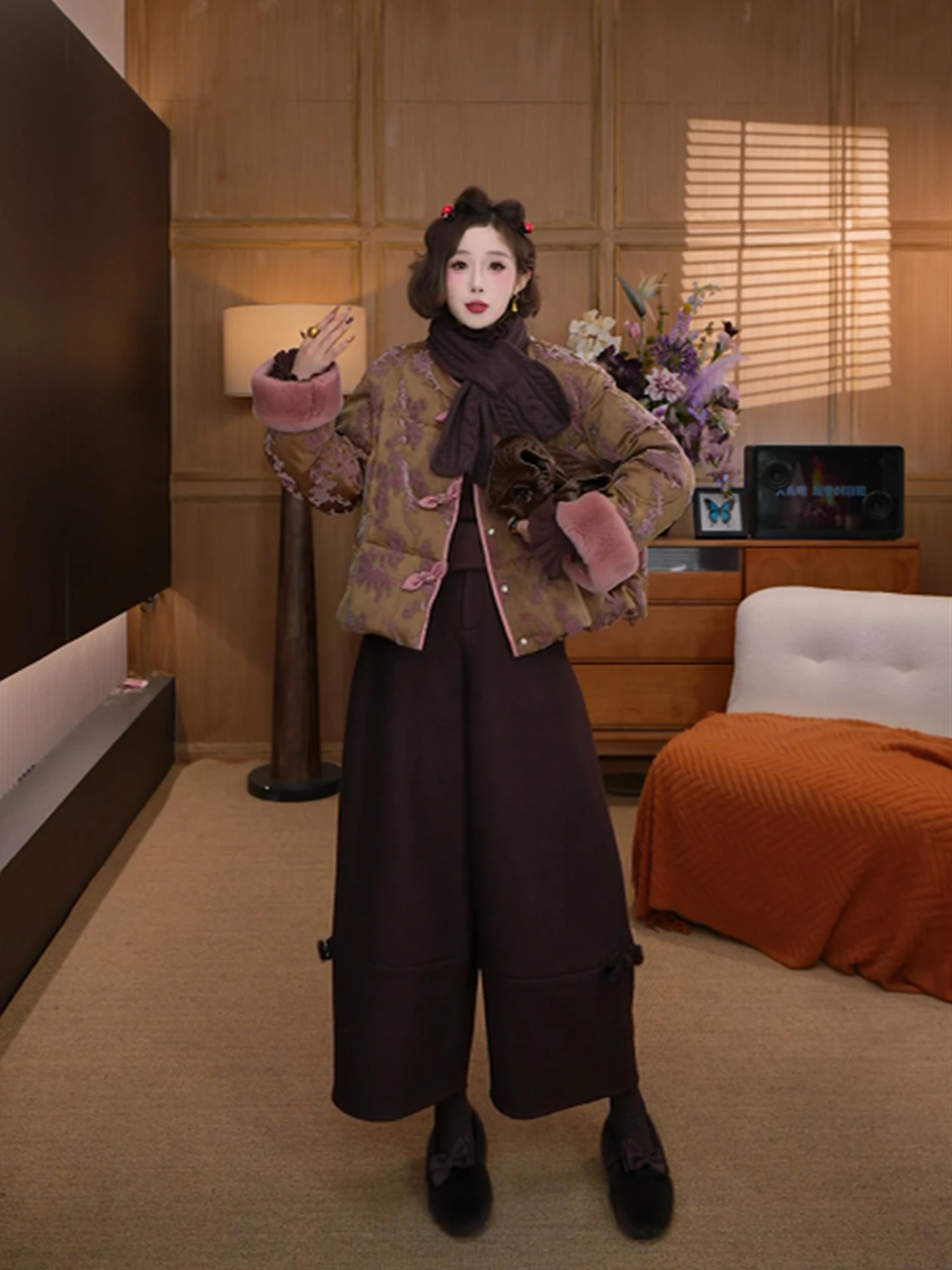 

Yolo Woolen Wide Leg Pants Women's High Waist Elastic Belt Nine Points Chinese Sle Original Design Winter Casual Trousers