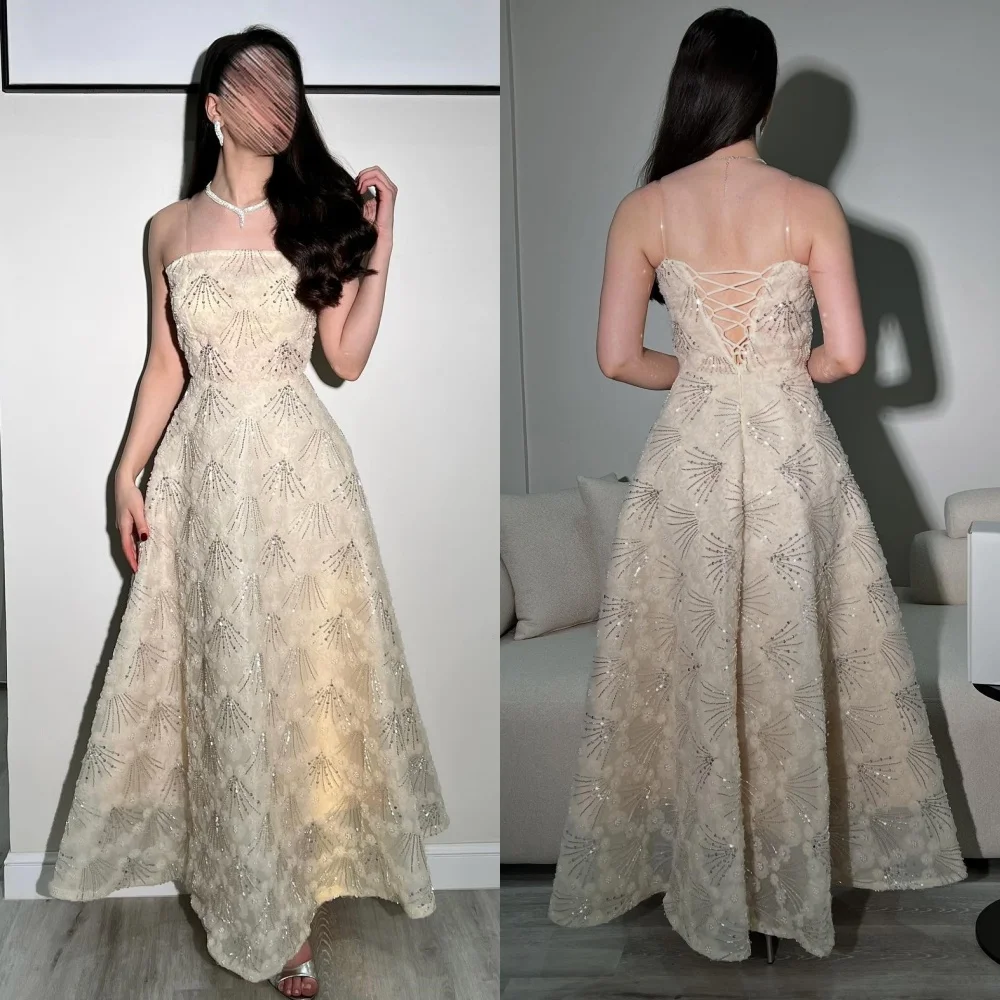 

Customized Exquisite Intricate Pleat Beading Sequined A-line Strapless Long Dresses Evening Dresses Sizes Available High Quality