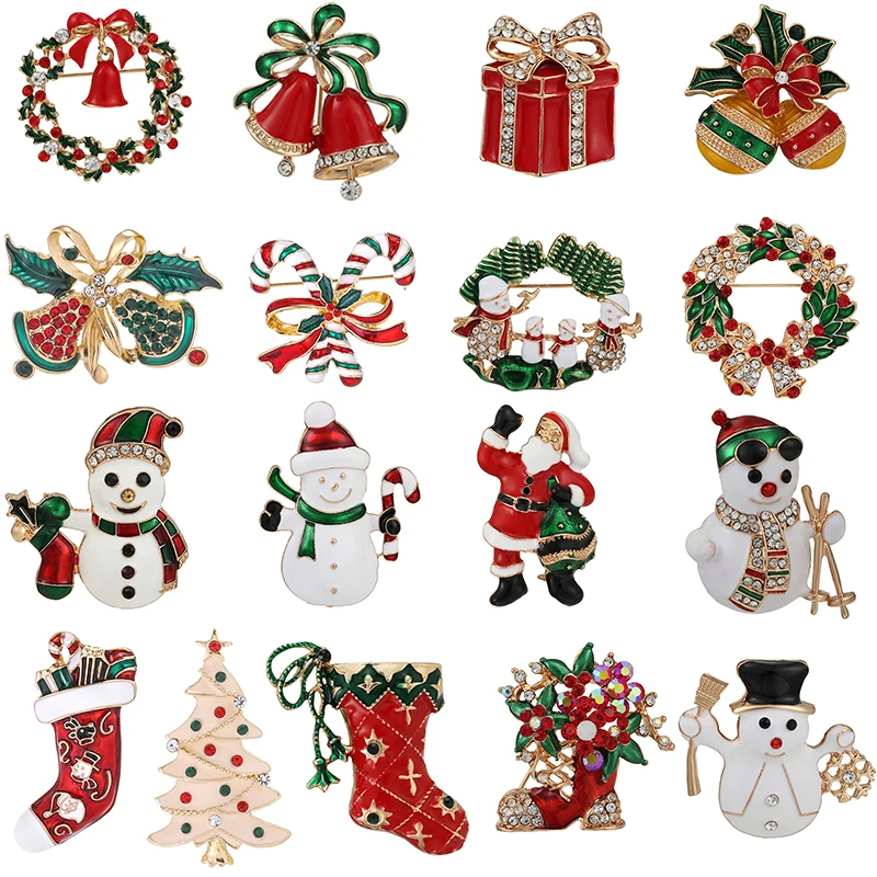 Christmas Tree Brooches For Women Men Wife Rhinestone Xmas Enamel Red Hat & Gloves Pins Fashion Jewelry Winter Coat Cap Brooches