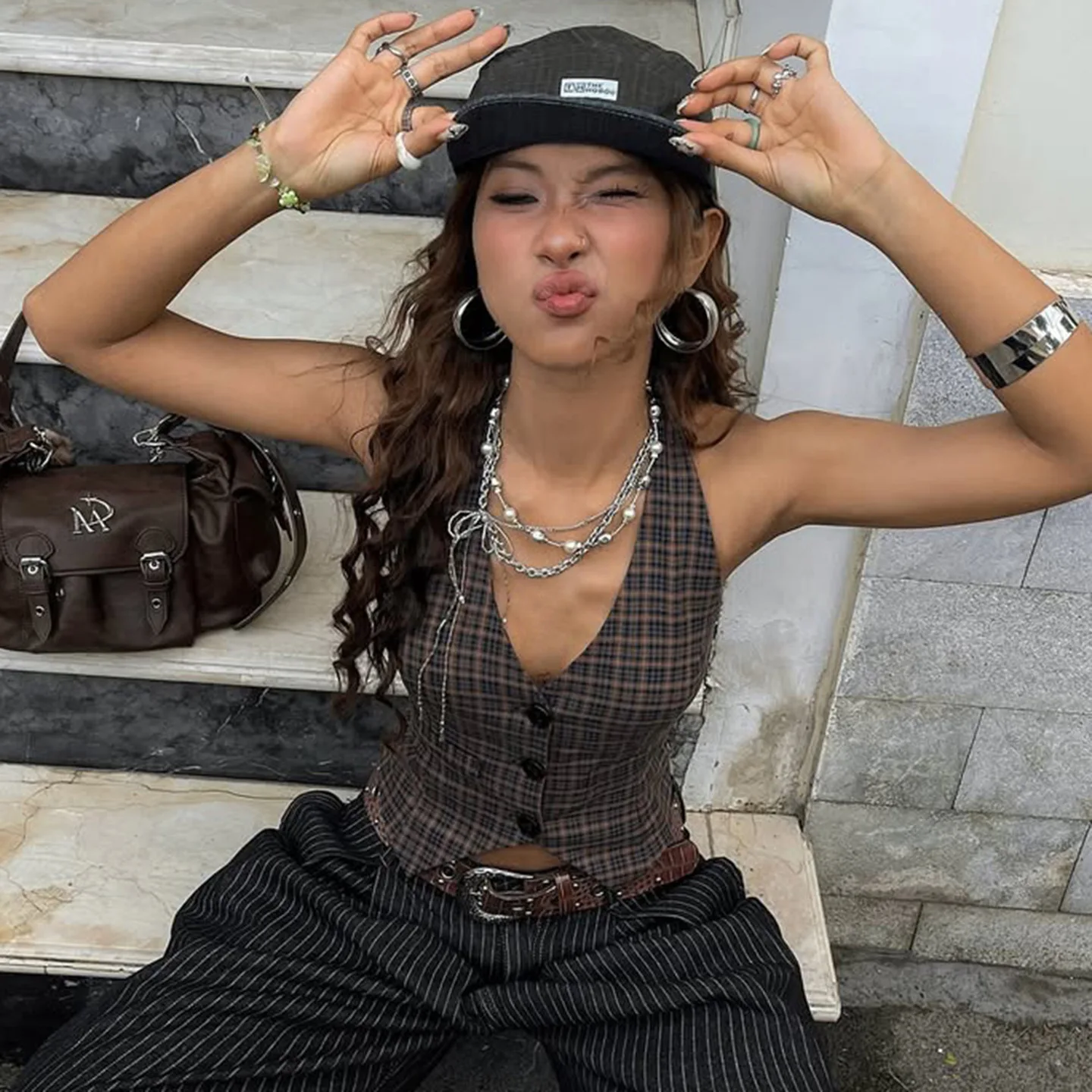 

Retro Brown Plaid Halter Neck Crop Vest Women Slim Fit Sleeveless Button Waistcoat Gothic Street Fashion Tank Top