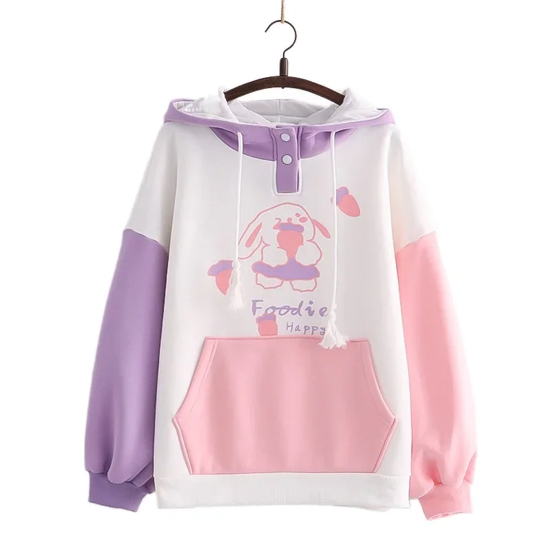 

Fleece Women Hoodies Harajuku Print Patchwork Hooded Sweatshirts 2024 Winter Long Sleeve Thick Drawstring Female Pullovers Tops