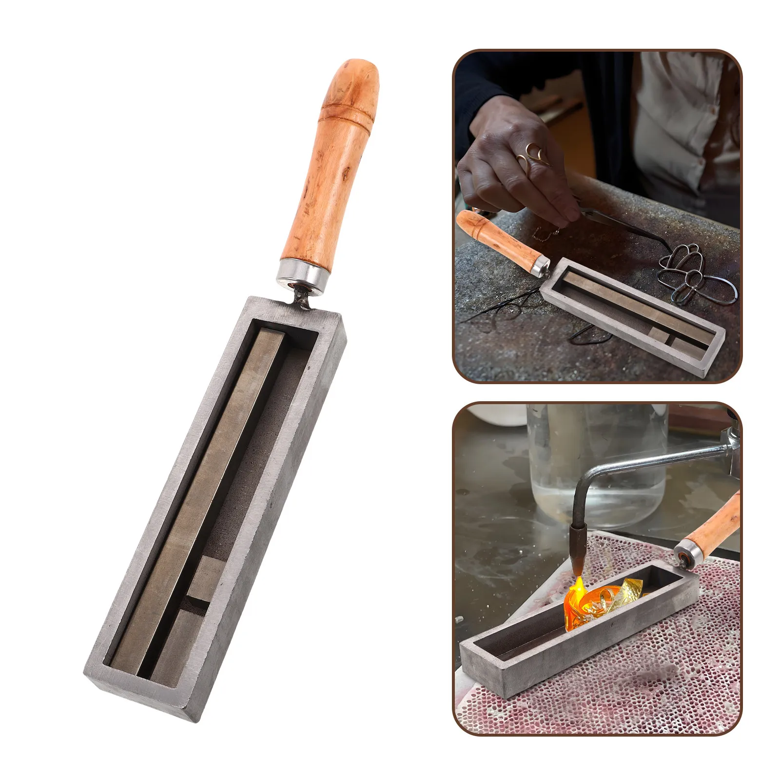 Versatile Metal Melting and Casting Mold with Comfortable Wooden Handle for Gold Silver Iron Refining Ingot Bar Production