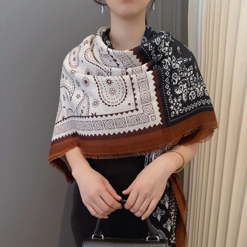 

Квадратный платок из хлопково-льняной смеси с цветочным узором и цветовыми блоками, 130x130 см, универсальный шарф-шаль для женщин, для повседневной носки.