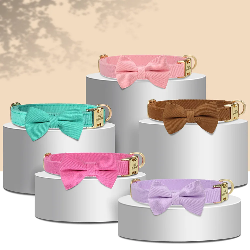 Personalized Dog Collar Cute Bowtie Dog Nylon Collars Free Engraving Pet Buckle Collar For Small Medium Dogs Bowknot Accessory