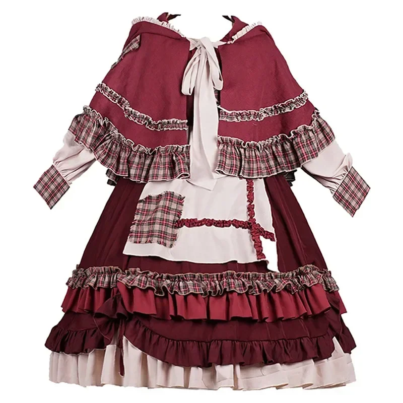 Cosplay Little Red Riding Hood 2025 HOT Sweet Girl Lolita Women Dress Vintage Patchwork Red Dress with Cloak Cute Female Bing