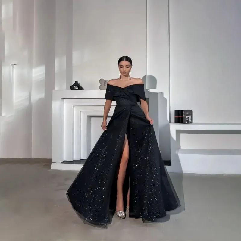 Vestido de noche negro con purpurina y lentejuelas, elegante vestido largo con abertura frontal para ocasiones especiales, 2024