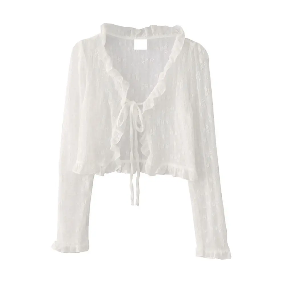 

Floral Flower Thin Sunscreen Cardigan Top V-neck See Through Knitted Long Sleeves Sunscreen Top Ruffled Edge Beach Wear