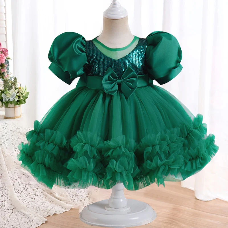 Girls\' Colorful Bubble Sleeve Princess Dress 2024 New Bow Blouse Dress Sweet Banquet Host Show Dress