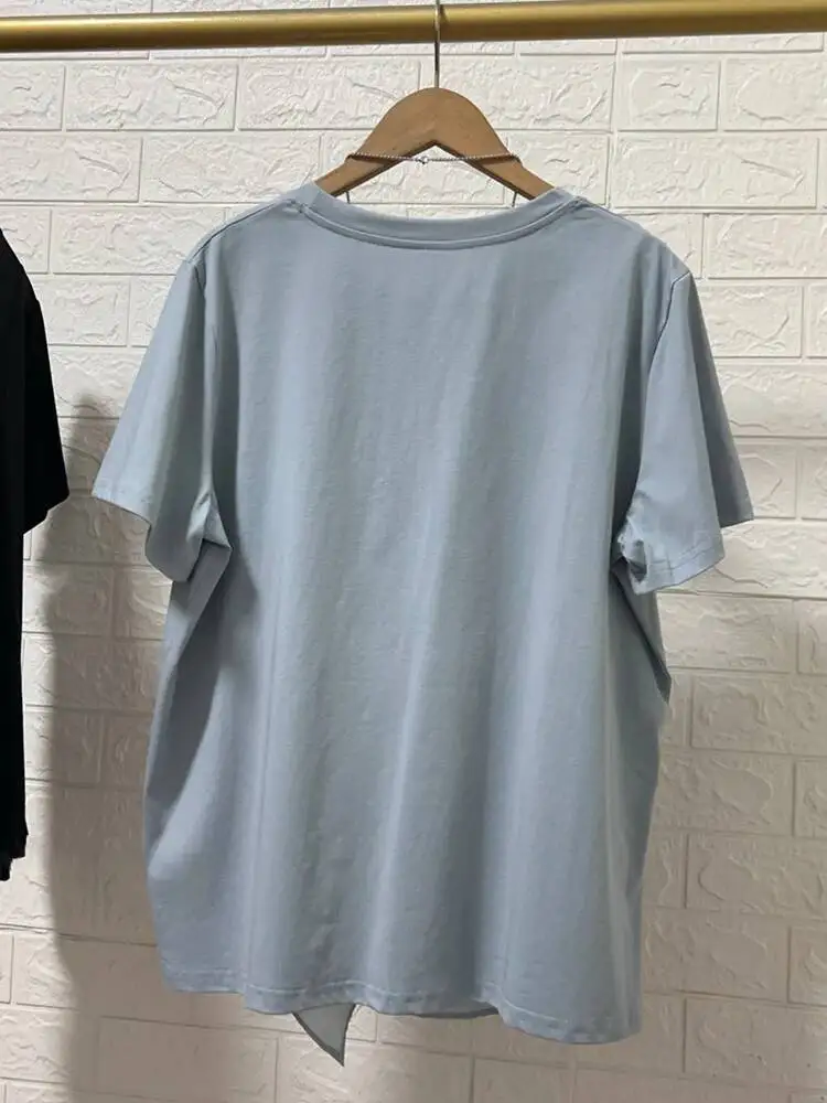 Blue Ruffles Women Irregular Big Size Casual T-shirt New Round Neck Short Sleeve Fashion  Spring Summer 2026 YN29