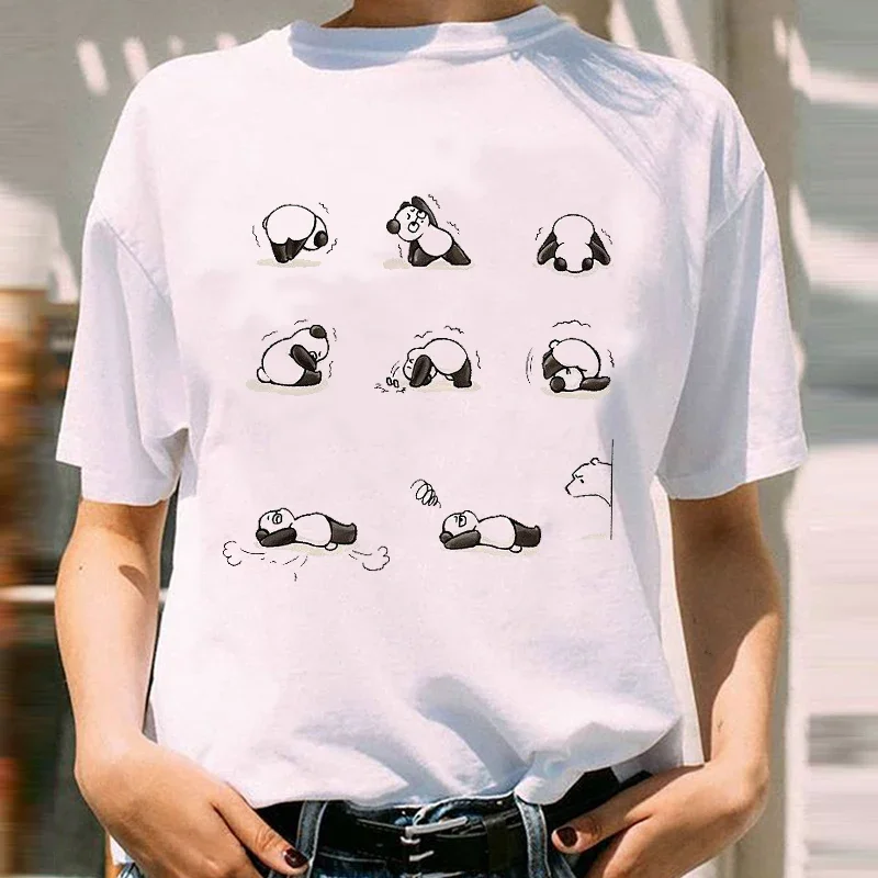 Women Graphic Printing Spring Summer Face Panda Cartoon Animal Short Sleeve Lady Print Wear Vacation Tops Tees Tshirt T-Shirt