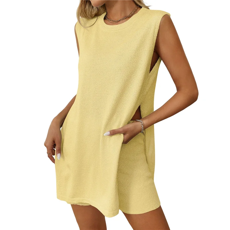 

A83F-женские летние комплекты из двух предметов с длинными свитерами и шортами, дорожная одежда для курорта, трикотажная одежда без рукавов