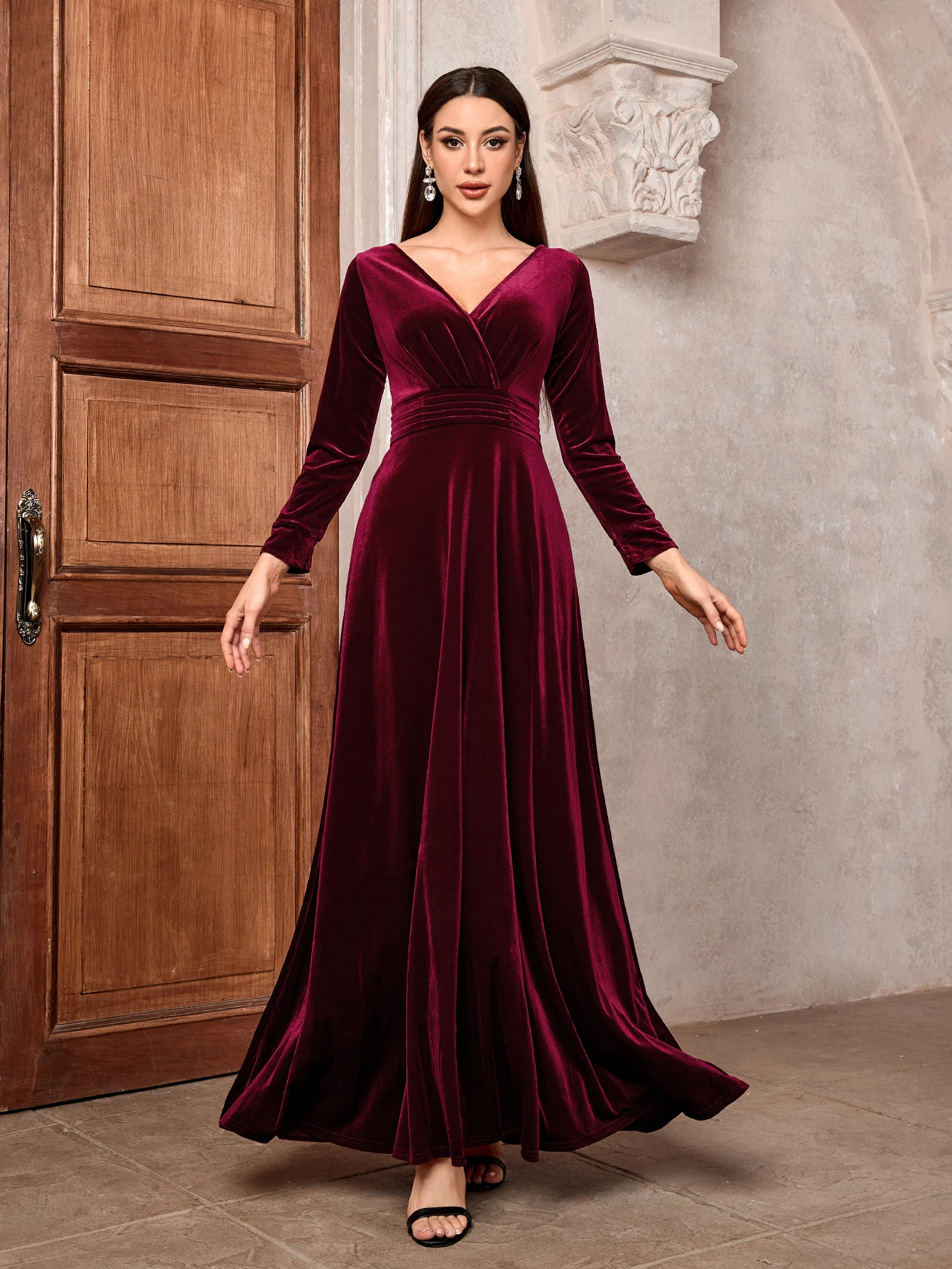 chinese dress ladies Burgundy Fitted Dresses Long Sleeves Velvet Winter Formal Gowns ,Sexy –  Siaoryne