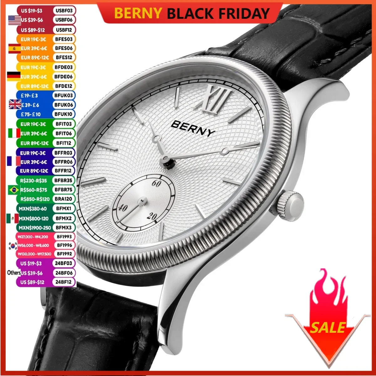 BERNY Men's Watches Luxury Classic Stylish Dress Quartz Watch Ultra-Thin Stainless Steel Case Elegance Leather Strap Wristwatch