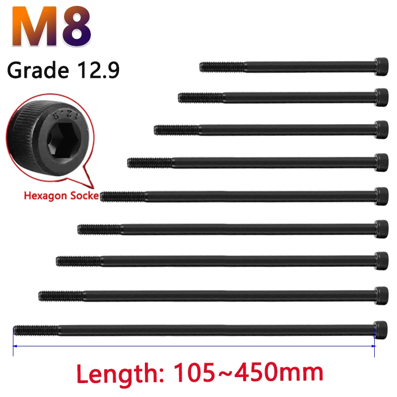 Ultra Long M8 Black Hexagon Hex Socket Head Cap Allen Bolt Screw Length 105 110 115 - 450mm Half Thread Carbon Steel Grade 12.9