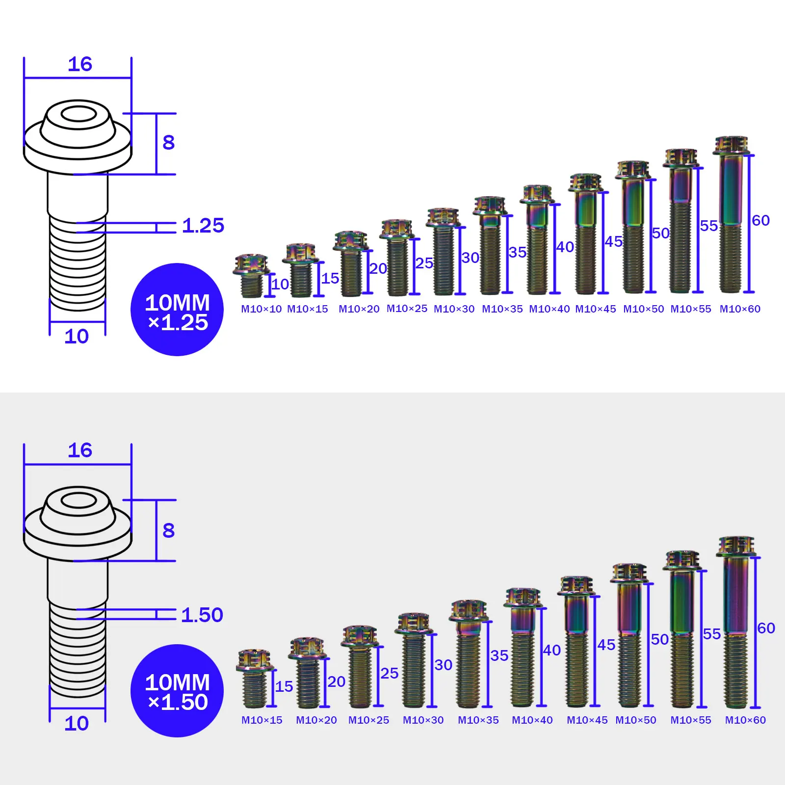 M10 Titanium Bolts Pitch 1.25/1.5mm, DIN6921 Hexagon Head Flanged Screws for Motorcycle Scooter Car Upgrades Fasteners