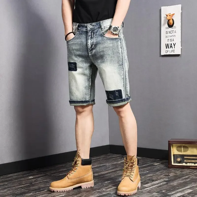 남성용 스트레이트 스키니 데님 반바지, 찢어진 슬림 그래픽 롱 숏 청바지, 버뮤다 하프 포켓, 럭셔리 신상품