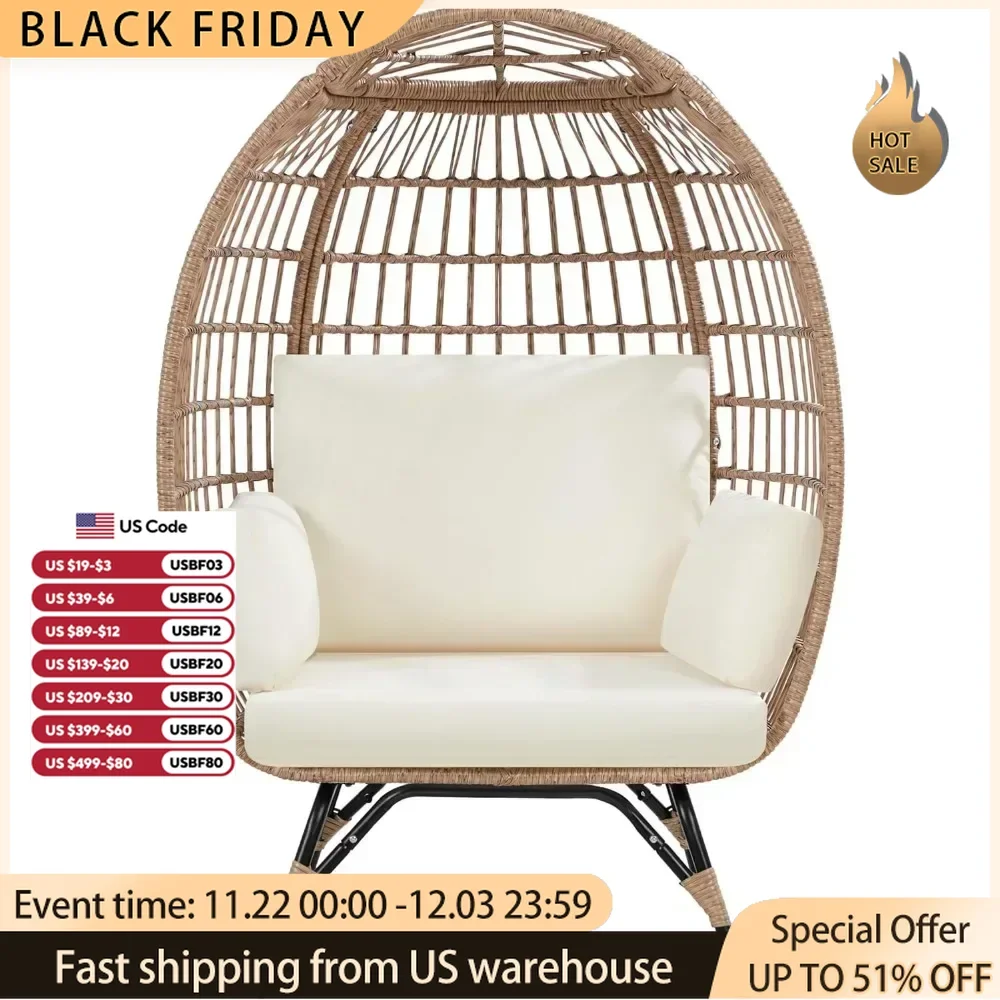 Egg Chair, Indoor/Outdoor PE Rattan Egg Basket Lounge Chair w/ 4 Cushions Oversized  w/Metal Frame Stand, Rattan Egg Chair