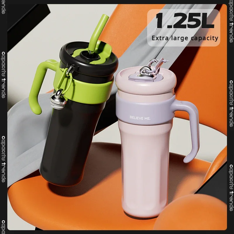 

1.25L Tumblers With Handle Insulated Mugs With Lids And Straws Vacuum Insulated Car Cup Coffee Travel Tumbler Cups