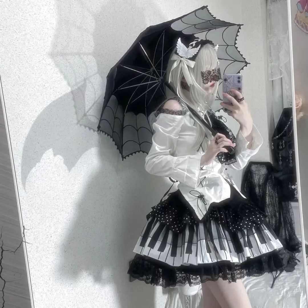 

MAGOGO Harajuku Y2k Punk Black White Piano Key Wave Dot Lace Mini Skirt Japanese Gothic Lolita Kawaii Cake Fairy Grunge Womens