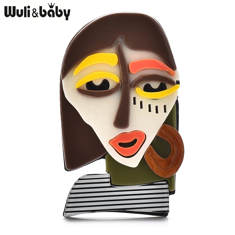 Wuli & baby أكريليك جميل الفن سيدة الوجه الشكل دبابيس دبابيس للنساء 2-color عيون كبيرة الفم فتاة مكتب بروش الحفلات الهدايا