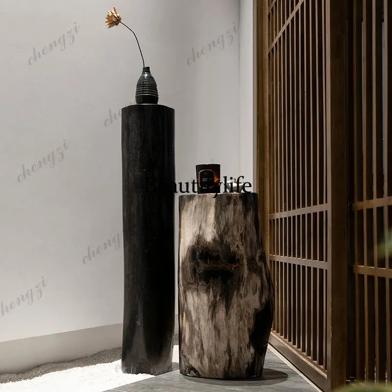Light luxury fossil wood ornaments, high stone new Chinese style home creative column decorations, entryway combo