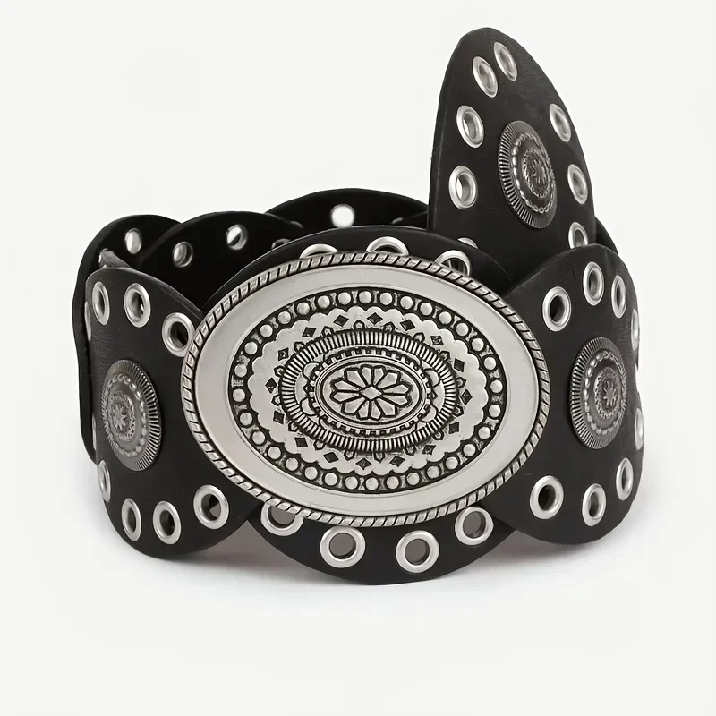 Nowy 1 szt. damski pasek w stylu retro z owalnymi elementami patchworkowymi, w stylu bohemy, rzeźbiony w stylu pustynnym, w stylu kowbojskim, jako dodatek do sukienki.