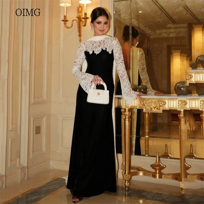 

OIMG Regal Lace Sleeves Black Velvet Mermaid Prom Gowns High Neck Long Tail Party Gown Gala-ready Evening Dress Customized